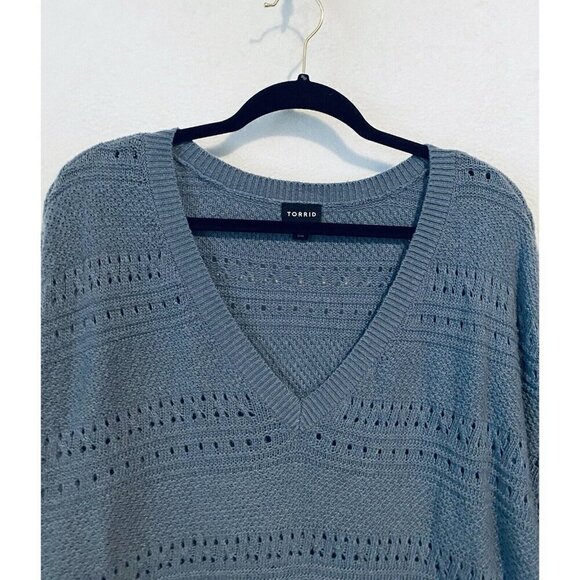 Torrid Sweater Womens 3X Blue Pointelle Pullover V Neck Tunic 3/4 Sleeve Flirty - Picture 3 of 9